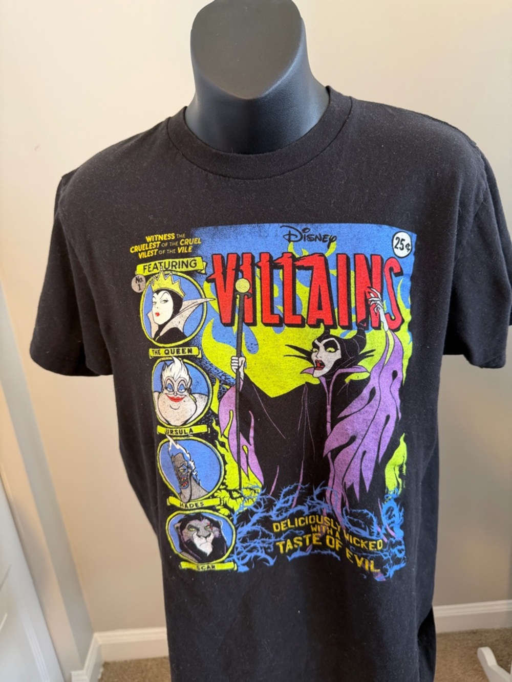 Disney Villains Black Graphic Tee with Neon Purple & Green Art